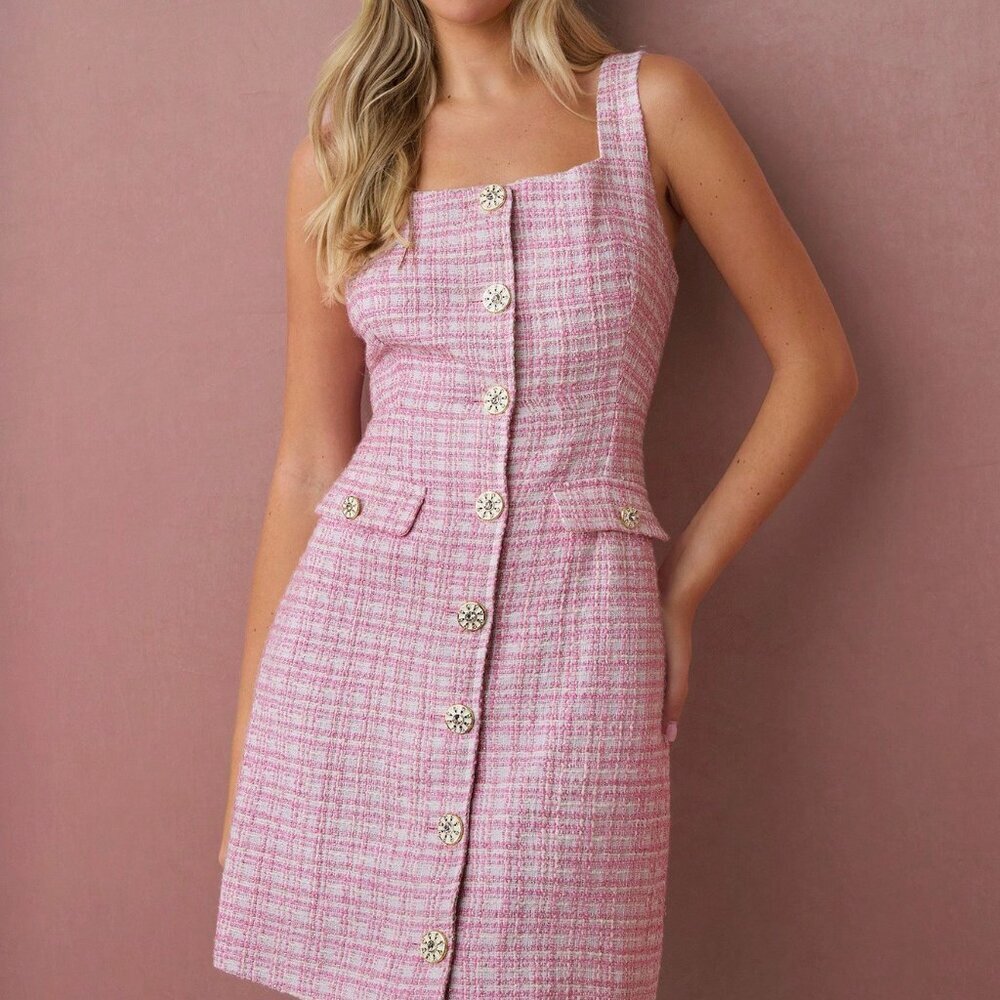 Pink Elegant Women's Romantic Plaid Mini Dress - Picture 6 of 7